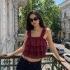 Tiered Ruffle Square Neck Sleeveless Crop Top in Maroon