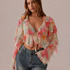 Floral Ruffle Tie Front Sheer Top in Vanilla Yellow