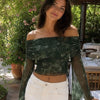 Off Shoulder Mesh Bell Sleeve Crop Top in Dark Green