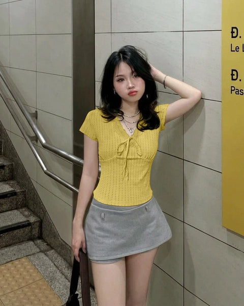 Pointelle Tie Front Short Sleeve Top in Mustard Yellow