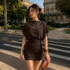 Ruched Waist Batwing Sleeve Mini Dress in Chocolate Brown