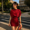 Ruched Waist Batwing Sleeve Mini Dress in Crimson Red