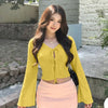 Pointelle Tie Front Bell Sleeve Crop Top in Mustard Yellow