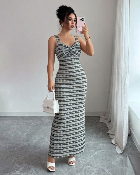 Twist Bust Back Slit Maxi Dress in Slate Grey