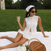 Mock Neck Sleeveless Eyelet Lace Trim Top in Classic White
