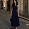 Halter Neck Button Detail Maxi Dress in Midnight Navy Blue