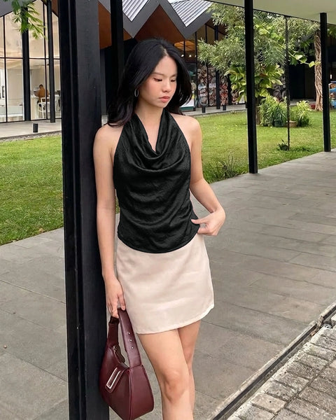 Satin Halter Neck Tie Back Top in Classic Black