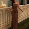 Shimmer Square Neck Spaghetti Strap Maxi Dress in Coffee Brown