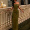 Shimmer Square Neck Spaghetti Strap Maxi Dress in Olive Green