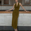 Ruched Halter Neck Sleeveless Midi Dress in Olive Green