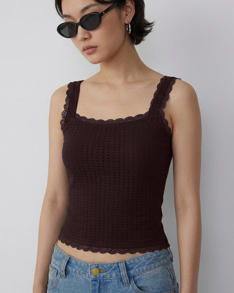 Square Neck Sleeveless Pointelle Knit Cami Top in Cocoa Brown