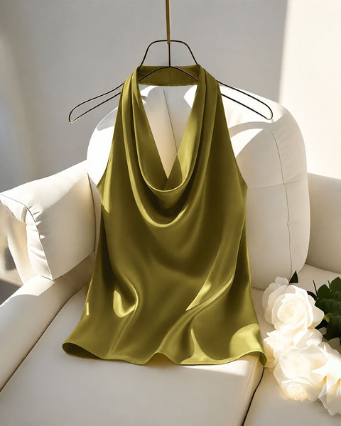 Satin Halter Neck Backless Tank Top in Sage Green
