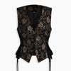 V Neck Floral Jacquard Top in Soft Black and Tan Brown