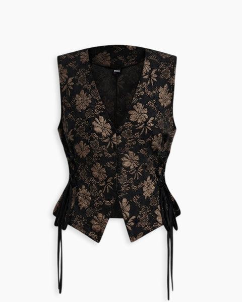 V Neck Floral Jacquard Top in Soft Black and Tan Brown