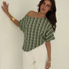 Striped Off Shoulder Asymmetrical Hem Top in Sage Green