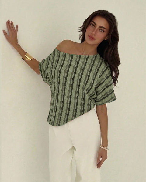 Striped Off Shoulder Asymmetrical Hem Top in Sage Green