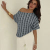 Striped Off Shoulder Asymmetrical Hem Top in Dusty Blue