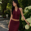 Minimal Halter Neck Ruched Sleeveless Fitted Top in Cherry