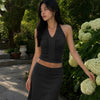 Minimal Halter Neck Ruched Sleeveless Fitted Top in Soft Black