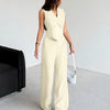 Collared V-Neck Sleeveless Vest Top And Wide Leg Pants Set in Beige