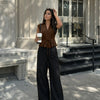 V-Neck Ruched Ruffled Tie Front Top in Cocoa Brown