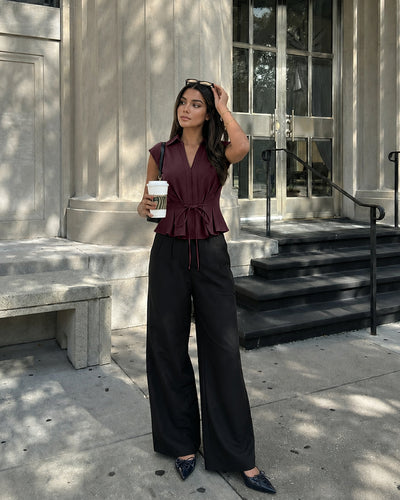 V-Neck Ruched Ruffled Tie Front Top in Deep Wine