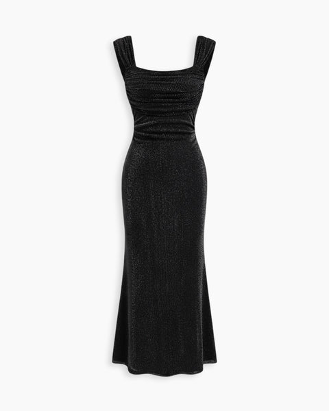 Square Neck Ruched Shimmer Mermaid Maxi Dress in Classic Black