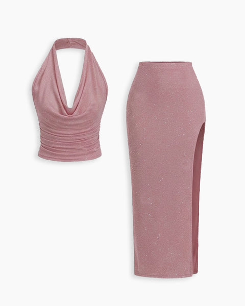 Halter Neck Ruched Top & Midi Skirt Co-Ord Set in Dusty Pink