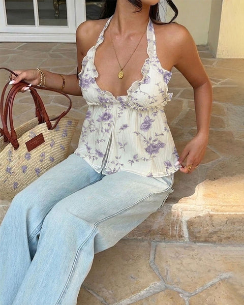 Chic Halter Frill Sleeveless Top in Cream & Lilac