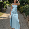 Halter Neck Ruched Satin Maxi Dress in Baby Blue