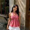 Tie Neck Flared Hem Top in Classic Red