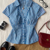 Ruffle Trim Collar Neck Shirt Top in Denim Blue