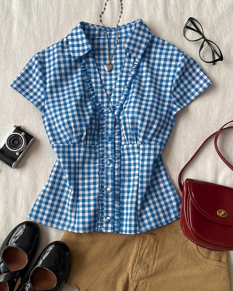 Ruffle Trim Collar Neck Shirt Top in Denim Blue