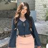 Pointelle Tie Front Bell Sleeve Crop Top in Midnight Navy Blue