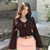 Pointelle Tie Front Bell Sleeve Crop Top in Cocoa Brown