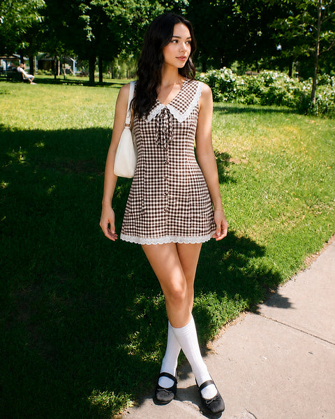 Peter Pan Collar Checked Fit and Flare Mini Dress in Classic White and Coffee Brown
