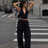 Drawstring Wide Leg Cargo Trousers in Soft Black