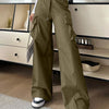 Drawstring Wide Leg Cargo Trousers in Olive Green