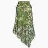 Floral Asymmetric Lettuce Hem Midi Skirt in Olive Green