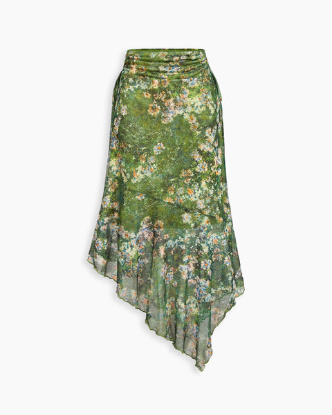 Floral Asymmetric Lettuce Hem Midi Skirt in Olive Green