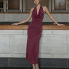 Ruched Halter Neck Sleeveless Midi Dress in Wine Maroon