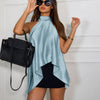 Chic High Neck Asymmetric Sleeveless Satin Top in Baby Blue