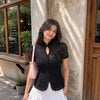 Mandarin Collar Lace Button Front Top in Classic Black