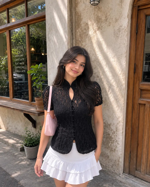 Mandarin Collar Lace Button Front Top in Classic Black