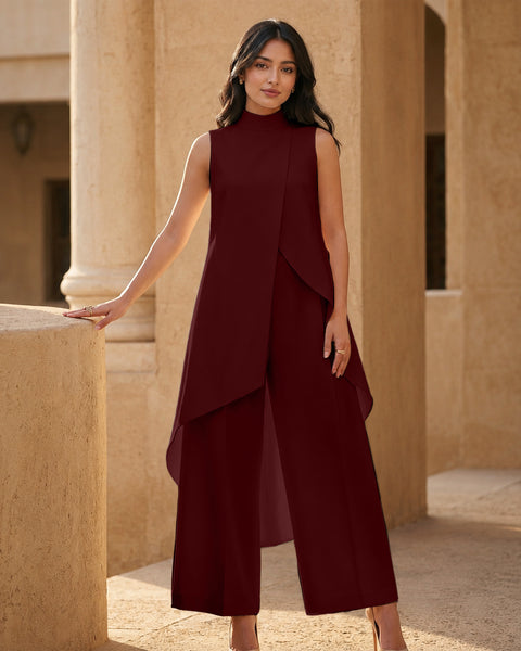 High Neck Asymmetric Co-Ord Set in Cherry
