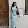 Mock Neck Ruched Bodycon Midi Dress in Sky Blue