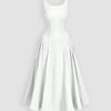 Scoop Neck Slim Fit Flared Hem Sleeveless Midi Dress in Classic White