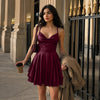 Cowl Neck Cross Back Fit and Flare Mini Dress in Wine Maroon