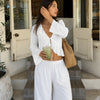 V-Neck Bell Sleeve Ruffle Hem Tie-Front Crop Top in Off White