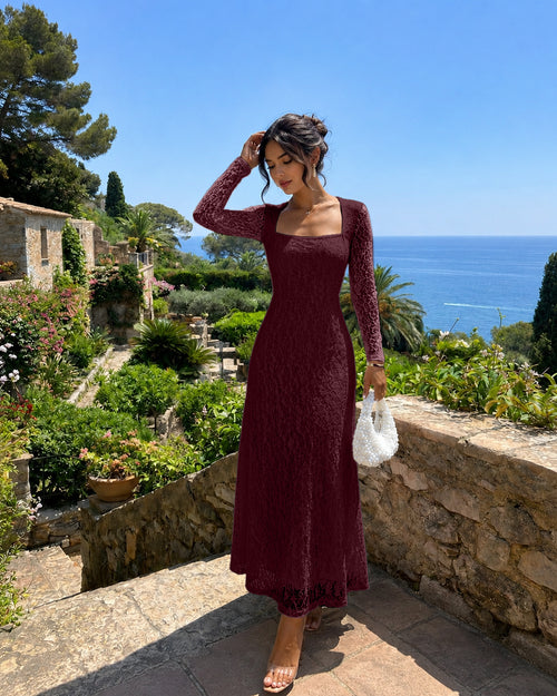 Square Neck Lace Midi Dress in Merlot
